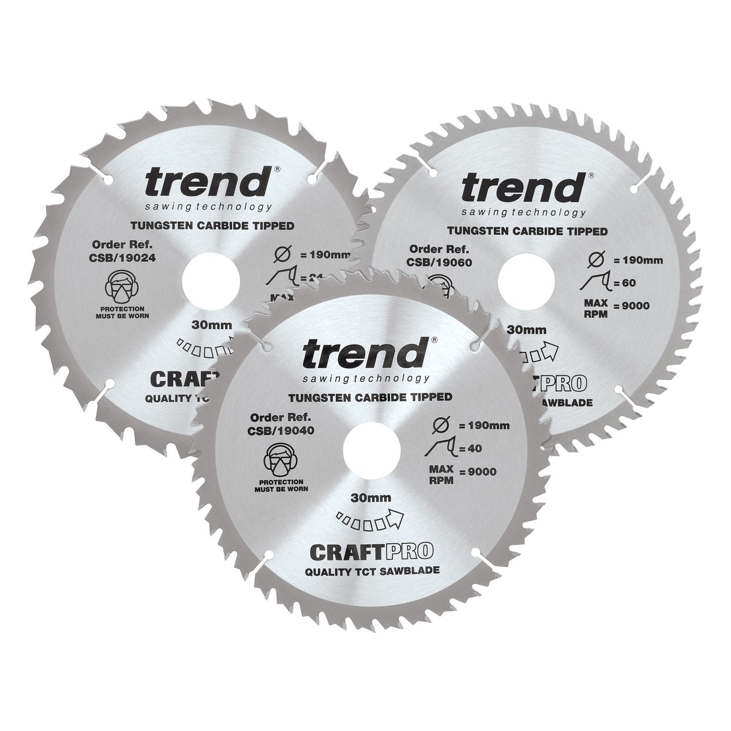 Trend Wood Circular Saw Blade 190mm x 30mm x 24/40/60T, 3 Pack CSB/190/3PK