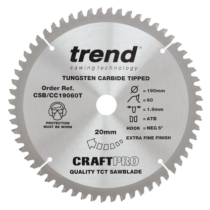Trend Wood Cordless Mitre Craft Crosscut Saw Blade 190mm x 20mm x 60T CSB/CC19060T