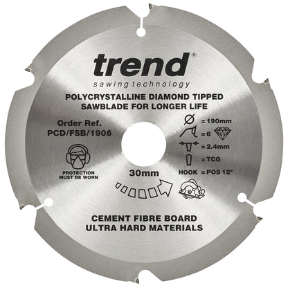 Trend PCD Cement Fibre Board Saw Blade 190mm Dia. X 6 Teeth X 30mm Bore X 2.4mm Kerf PCD/FSB/1906