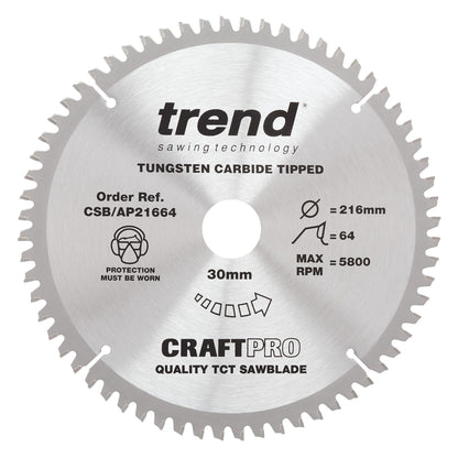 Trend Aluminium/Plastic Circular Saw Blade 216mm x 30mm x 64T CSB/AP21664