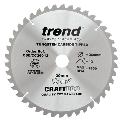 Trend Wood Mitre Craft Crosscut Saw Blade 260mm x 30mm x 42T CSB/CC26042