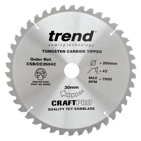 Trend Wood Mitre Craft Crosscut Saw Blade 260mm x 30mm x 42T CSB/CC26042