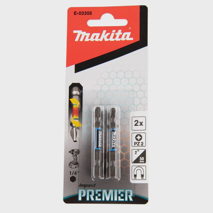 Makita E-03305 50mm 1/4" Impact Premier Double Torsion Bit PZ2 Twin Pack