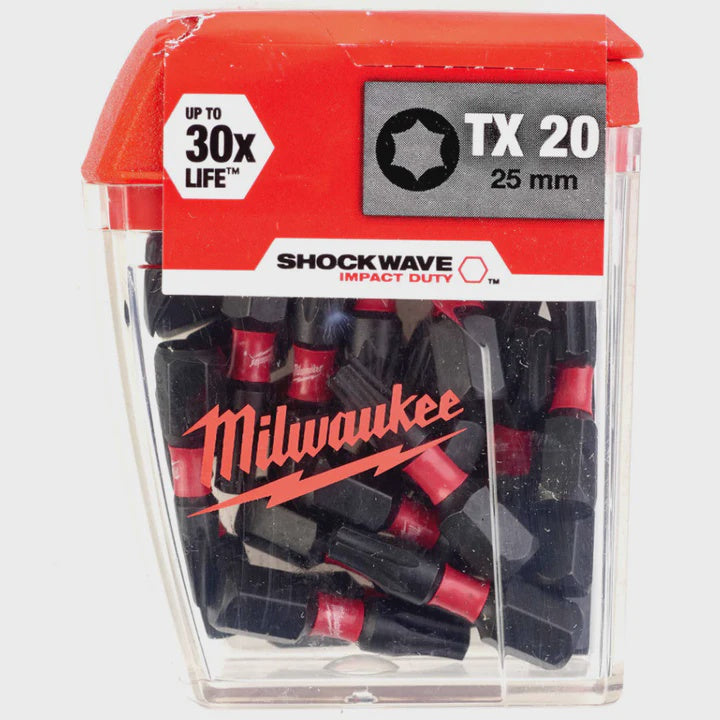 Milwaukee Shockwave TX20 1/4" 25mm Screwdriver Bit Box 25 Piece 4932430875
