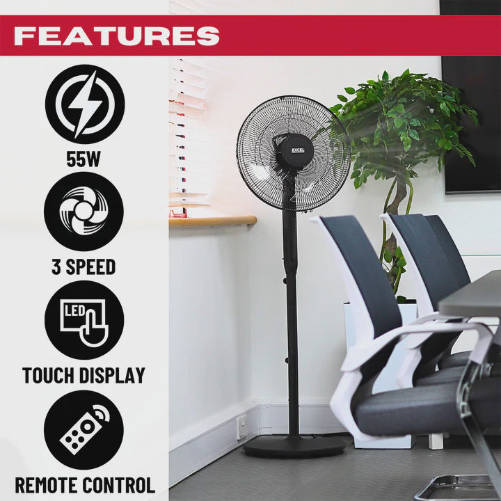 Excel 16" Height Adjustable Digital Pedestal Fan with Remote Control - Black