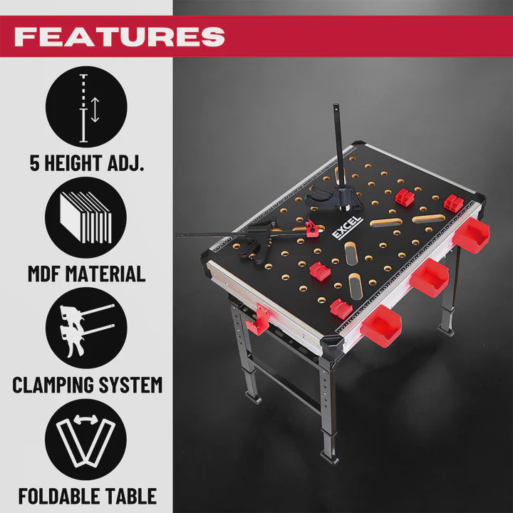 Excel 2-in-1 Foldable Workbench Table Sawhorse Adjustable Height With 2 Clamps