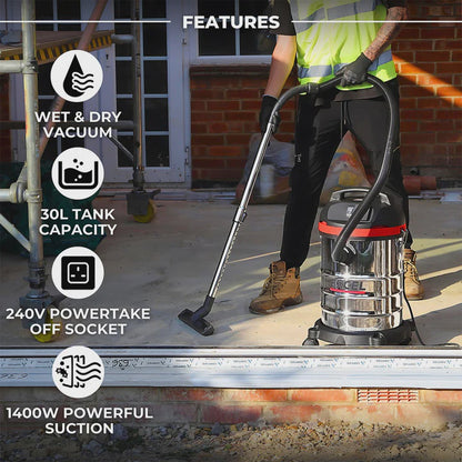 Excel 30L Wet & Dry Vacuum Cleaner 240V/1400W With Power Take Off Socket