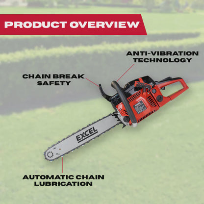 Excel 62cc Petrol Chainsaw 20" Heavy Duty Wood Saw
