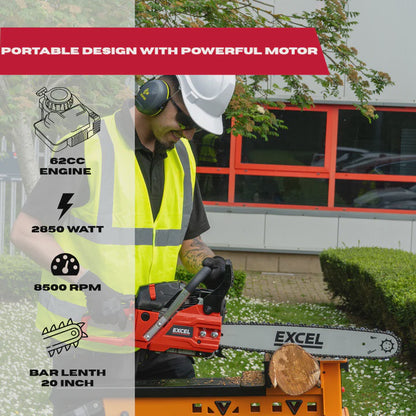Excel 62cc Petrol Chainsaw 20" Heavy Duty Wood Saw
