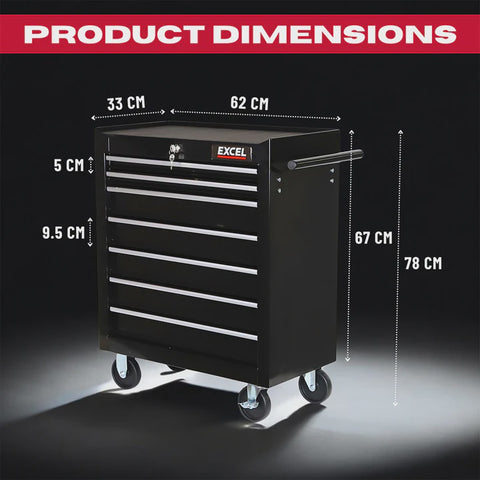 Excel 7 Drawers Tool Chest Storage Cabinet with Wheel - Black