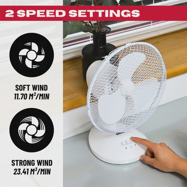 Excel 9" Table Desk Fan Adjustable Tilt Head with 2 Speed White