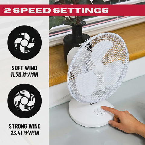 Excel 9" Table Desk Fan Adjustable Tilt Head with 2 Speed White