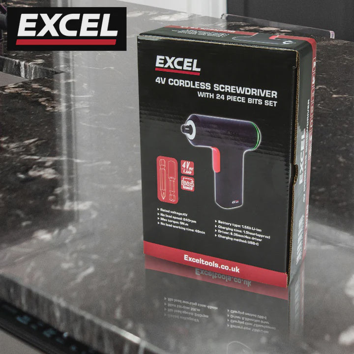 Excel Cordless Electric Screwdriver with 24 Piece 25mm Bits In Plastic Box