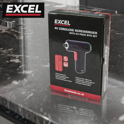 Excel Cordless Electric Screwdriver with 24 Piece 25mm Bits In Plastic Box