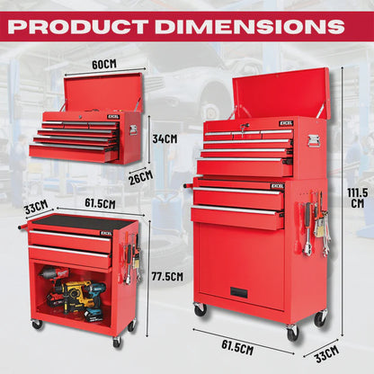 Excel Roller Tool Chest Cabinet 8 Drawers Storage Toolbox Red