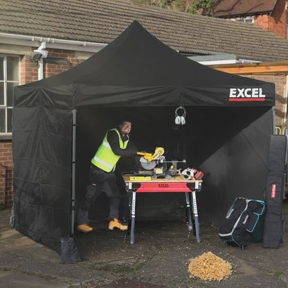 Excel Steel Gazebo 3m x 3m Black with Wheel Bag, Wall panel, Sand Bag, Rope & Pegs
