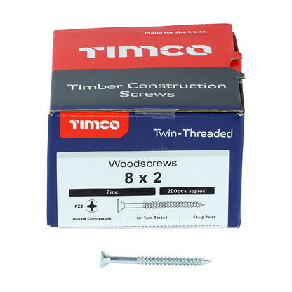 Timco 8 x 2" Twin Threaded Woodscrews Countersunk Head Zinc 200/Box 00082CWZ