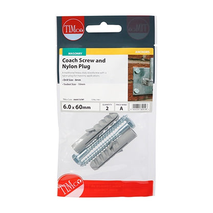 Timco Coach Screw and Nylon Plugs 6 x 60mm Pack of 2 0660CSCNP