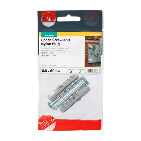 Timco Coach Screw and Nylon Plugs 6 x 60mm Pack of 2 0660CSCNP