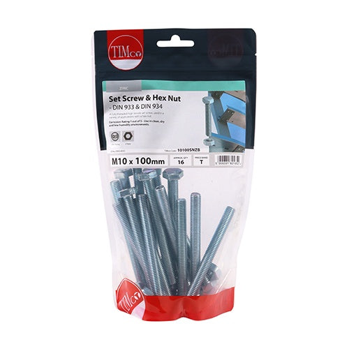 Timco 10 x 100 mm Hex Set & Hex Nut BZP M10 (16/TimBag) 10100SNZB