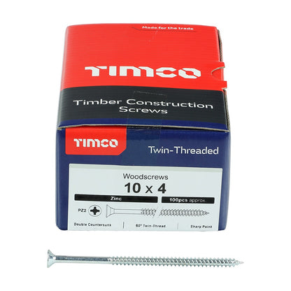 Timco 10 x 4" Twin Threaded Woodscrews Countsunk Head Zinc (100/Box) 00104CWZ