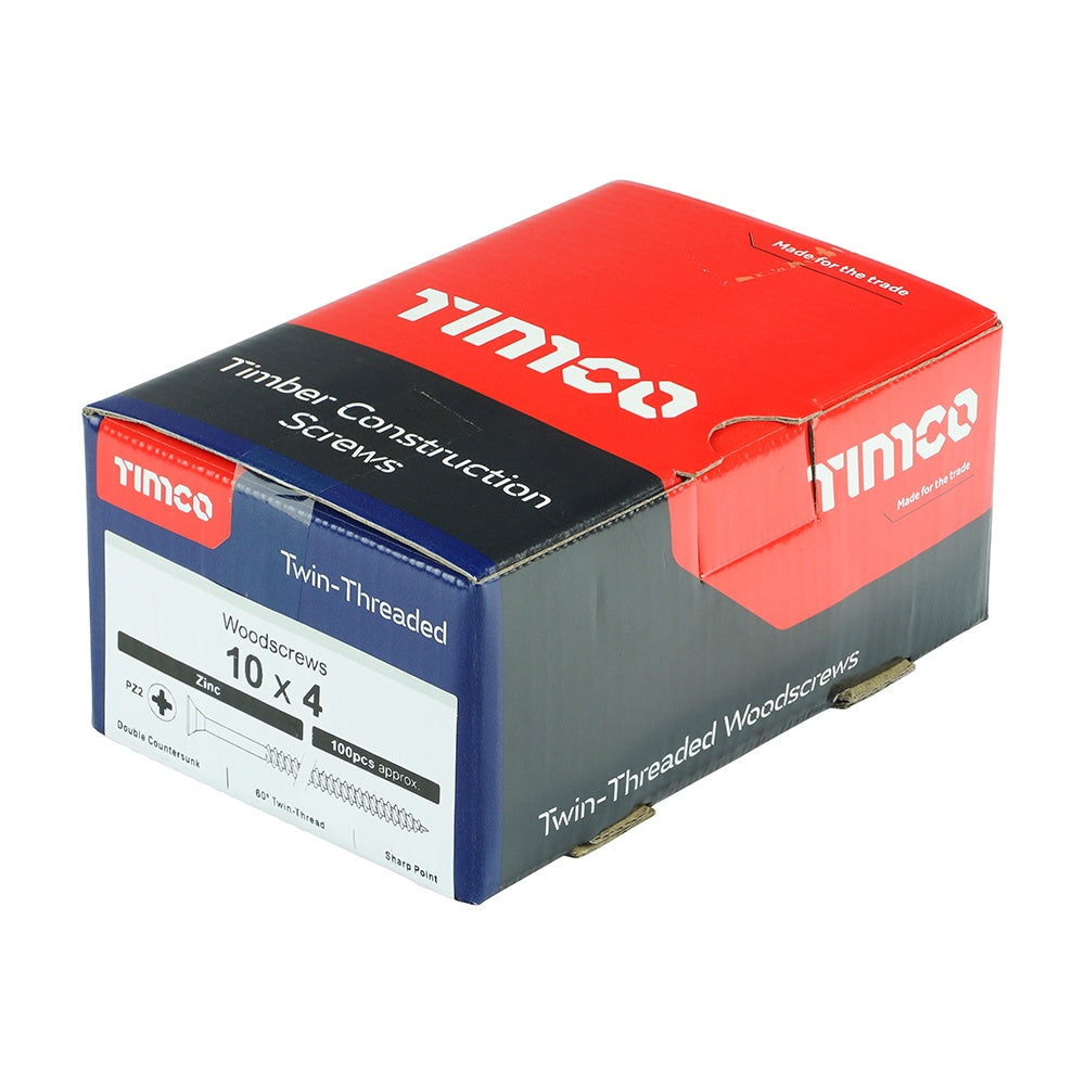 Timco 10 x 4" Twin Threaded Woodscrews Countsunk Head Zinc (100/Box) 00104CWZ