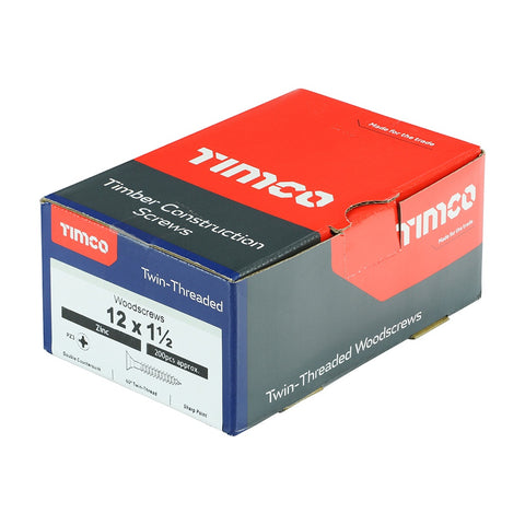 Timco 12 x 1 1/2" Twin Threaded Woodscrews Countsunk Head Zinc (200/Box) 12112CWZ