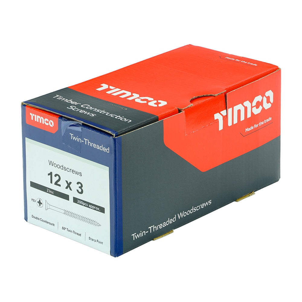 Timco 12 x 3" Twin Threaded Woodscrews Countsunk Head Zinc (200/Box) 00123CWZ