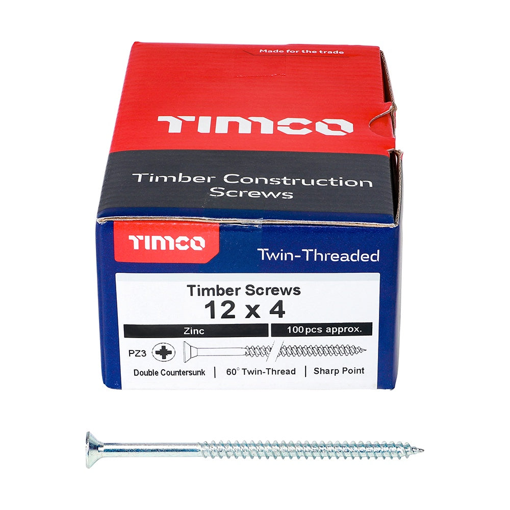 Timco 12 x 4" Twin Threaded Woodscrews Countsunk Head Zinc (100/Box) 00124CWZ