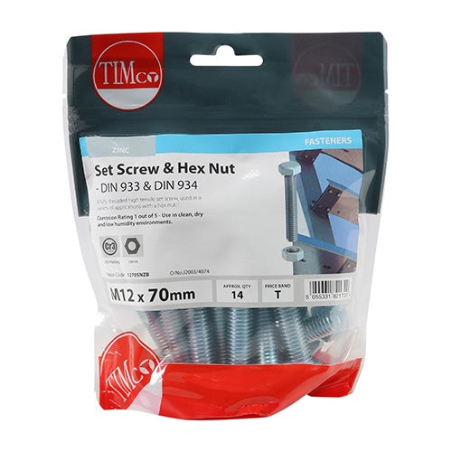 Timco 12 x 70 mm Hex Set & Hex Nut BZP M12 (14/TimBag) 1270SNZB