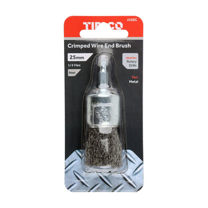 Timco 25mm Drill End Brush Crimped Steel Wire Shaft Mount End Brush-Crimp 25SEC