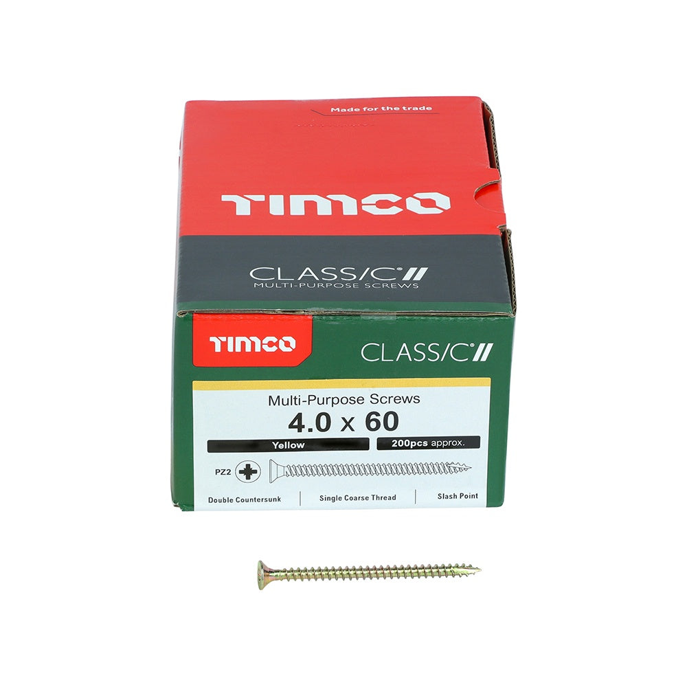 Timco 4.0 x 60mm Classic Multi-Purpose Screws Countsunk Head Yellow (200/Box) 40060CLAF