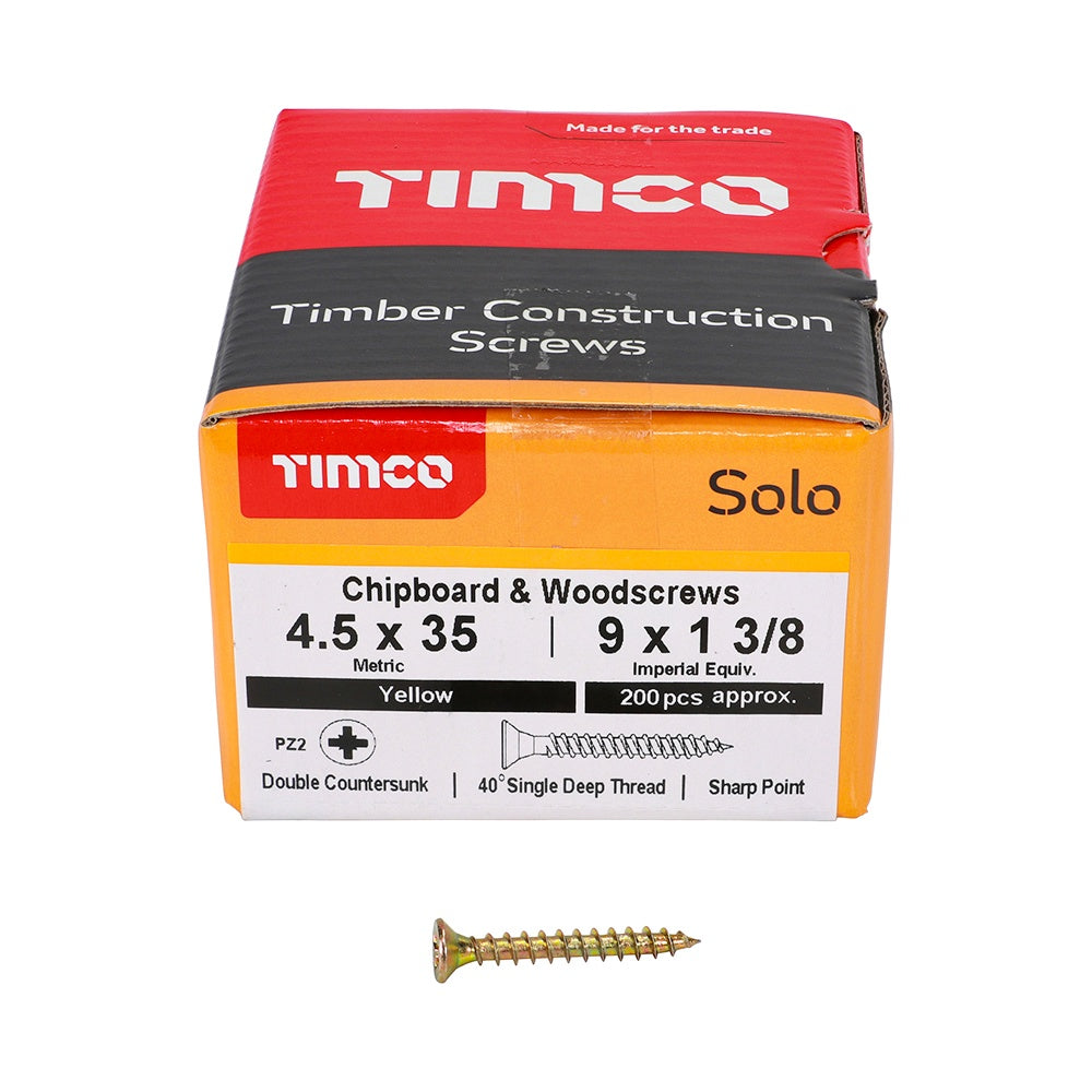 Timco 4.5 x 35mm Solo Chipboard & Woodscrews - PZ - Double Countersunk - Yellow 45035SOLOC