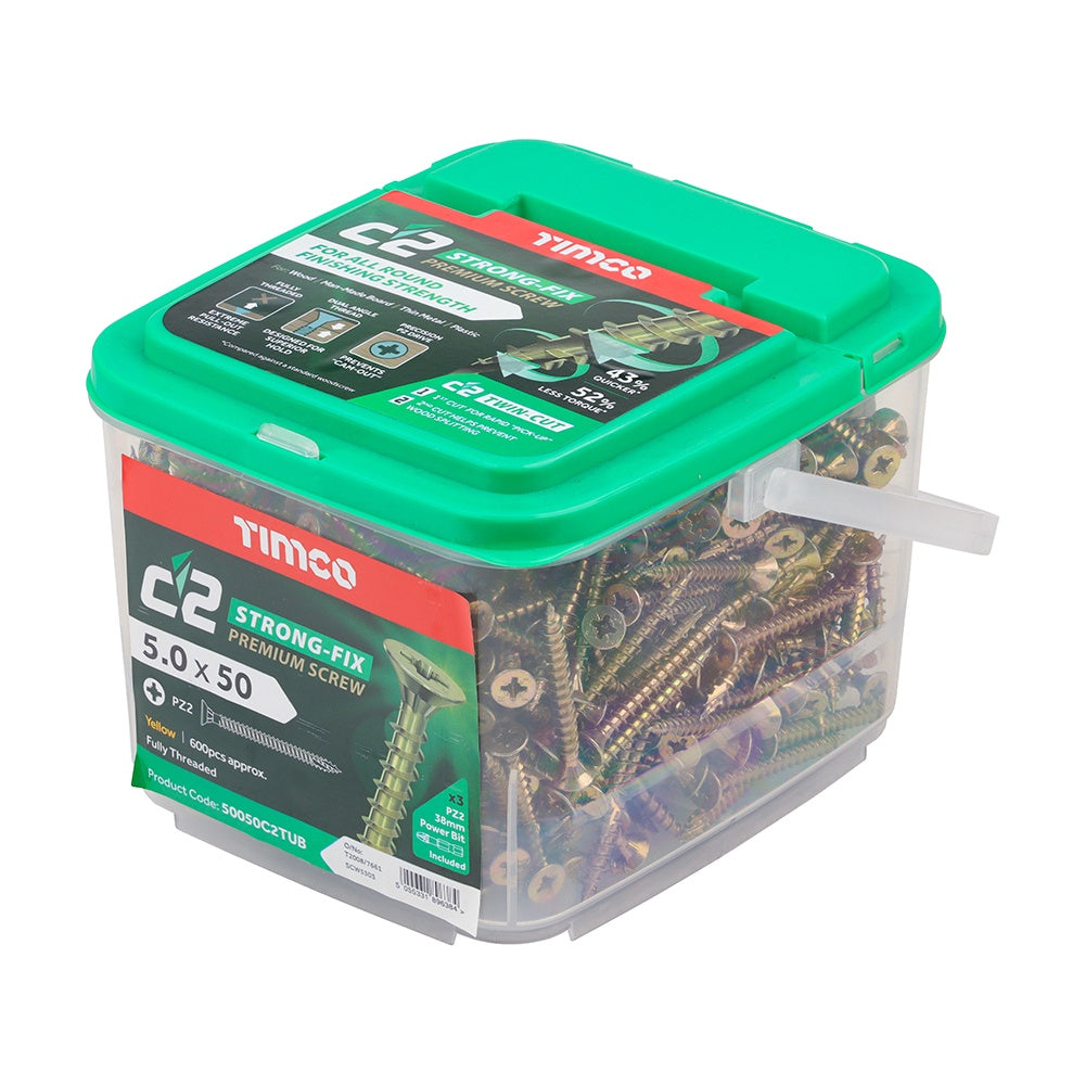 Timco 5.0 x 50mm C2 Strong-Fix - PZ - Double Countersunk - Twin-Cut - Yellow 50050C2TUB