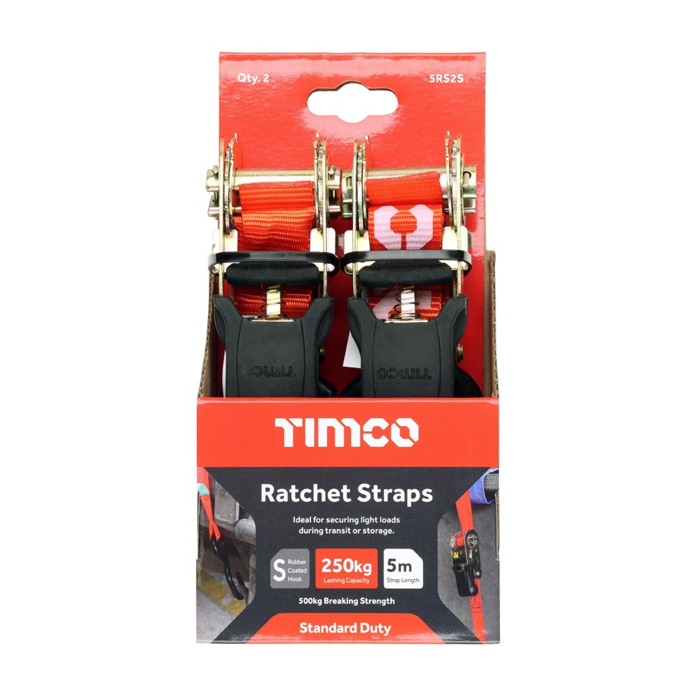 Timco 5m X 25mm Veto Standard J Hook Ratchet Straps STD 5RS2S