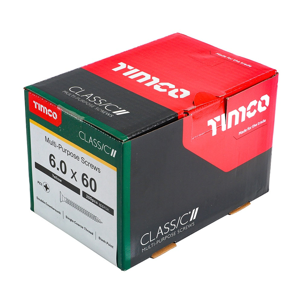 Timco 6.0 x 60mm Classic Multi-Purpose Screws Countsunk Head Yellow (200/Box) 60060CLAF