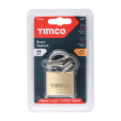 Timco 40mm Brass Padlock Double locking brass cylinder P40