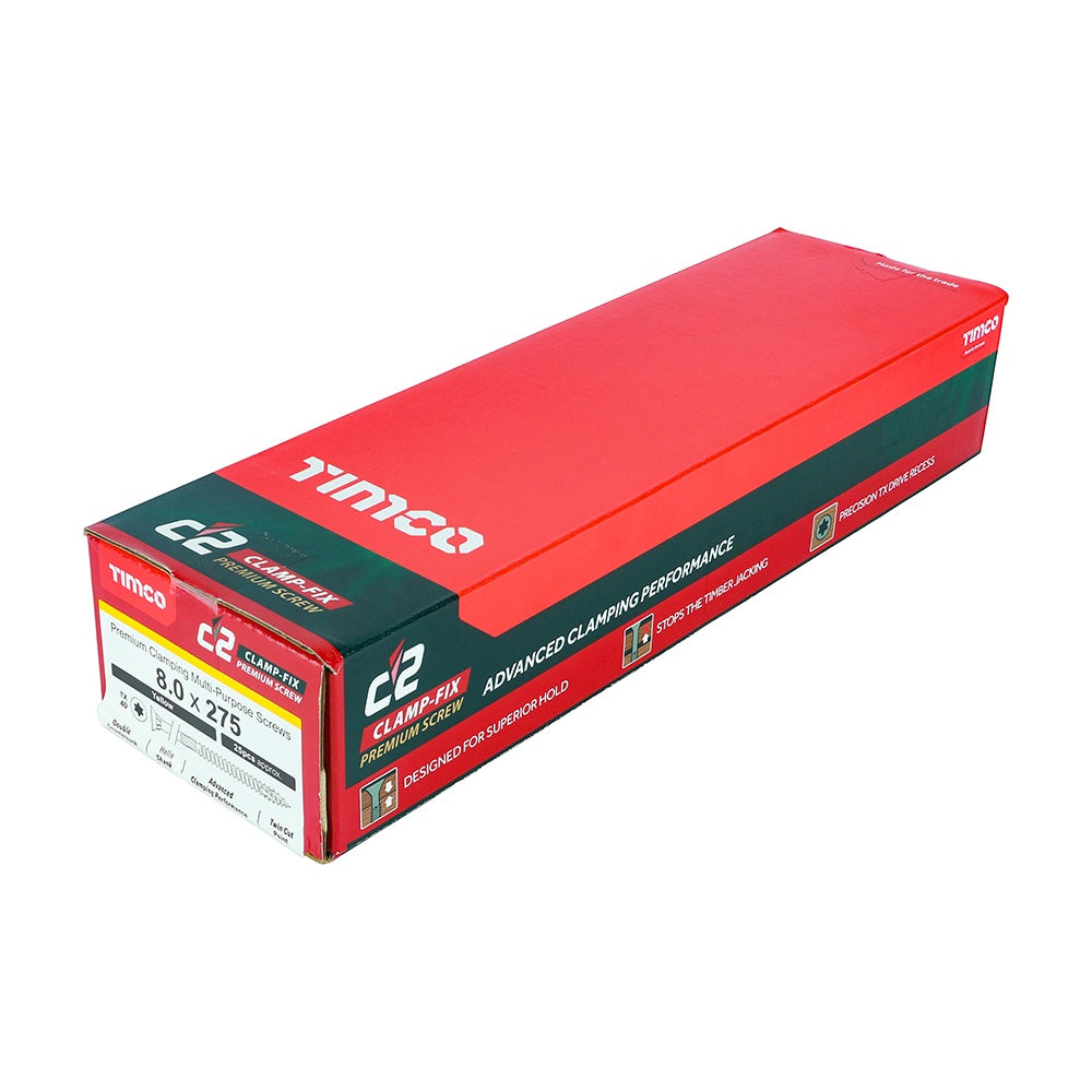 Timco 8.0 x 275mm C2 Clamp-Fix TX Double Countersunk with Ribs Twin-Cut Yellow 80275C2C