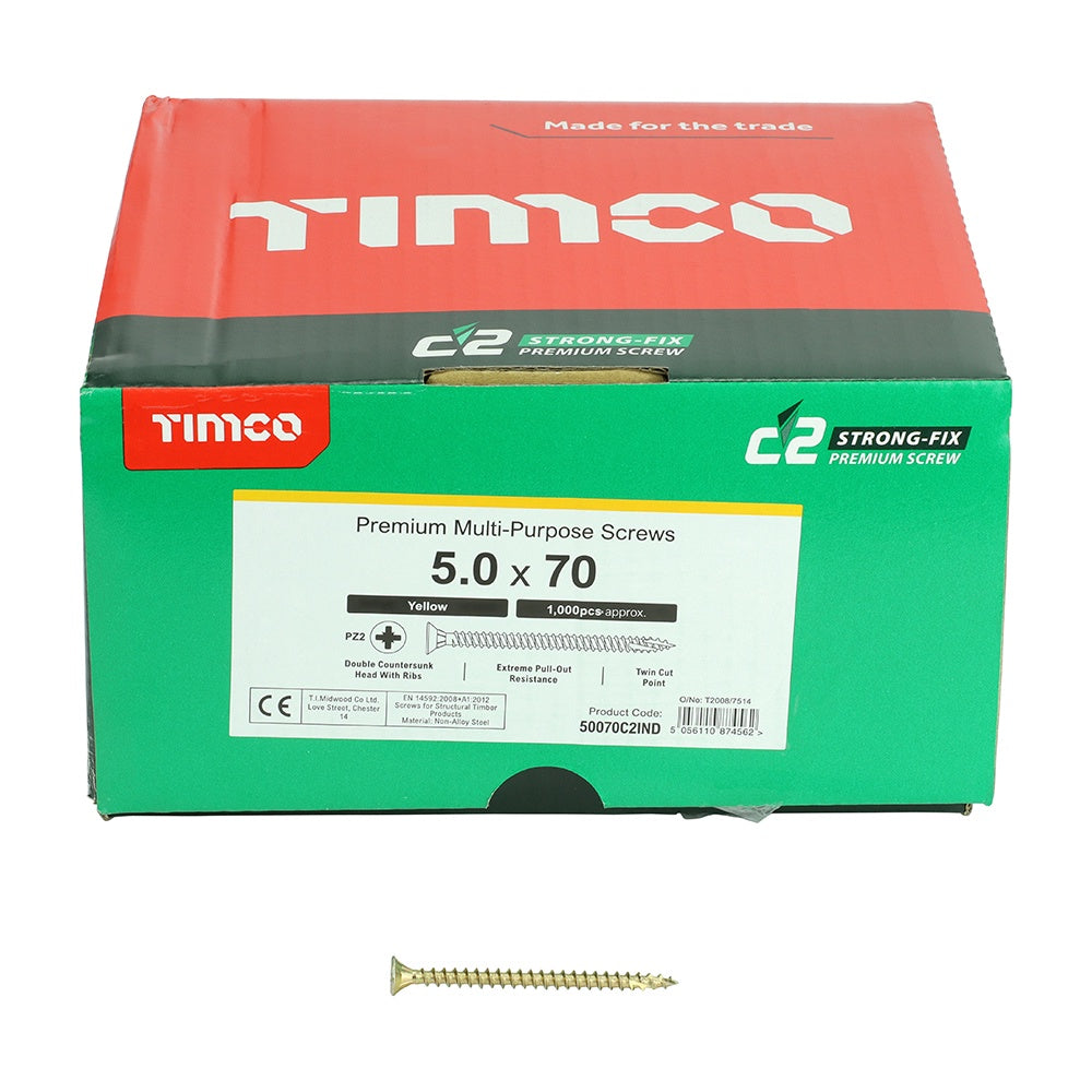 Timco 5.0 x 70mm C2 Strong-Fix PZ Double Countersunk Twin-Cut Yellow 50070C2IND