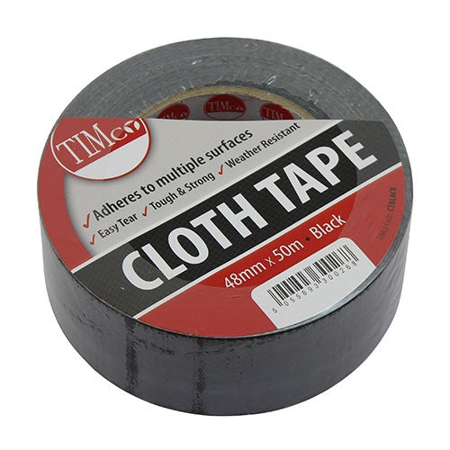 Timco 50m x 48mm Standard Cloth Tape Black Tough & strong CTBLACK