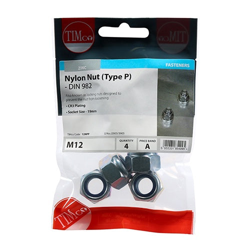 Timco M12 P Nylon Nut DIN 982 BZP Zink Plated (4/Tim Pack) 12NPP