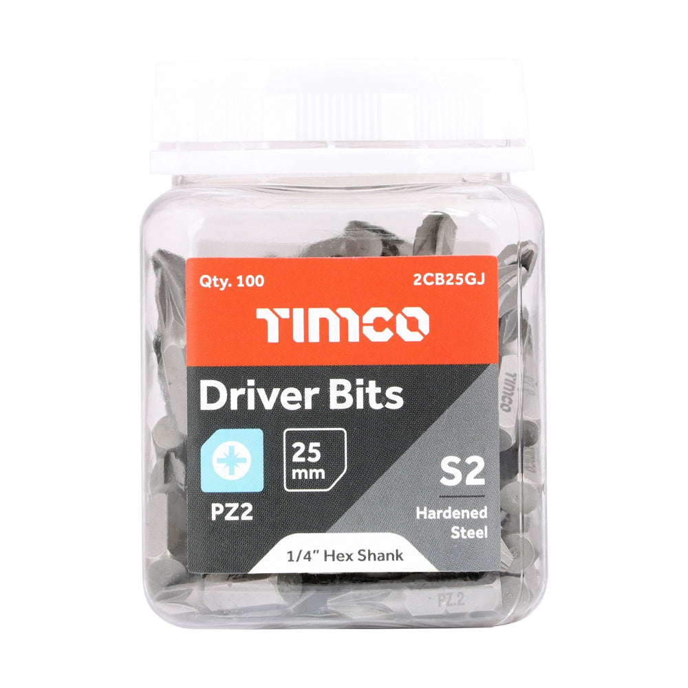 Timco No.2 x 25 S2 Grade Hardened Steel Driver Bits PZ 2CB25GJ