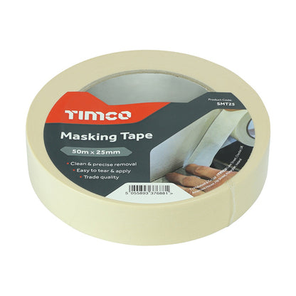 Timco 50m x 25mm Max Masking Cream Tape Clean & Precise Removal SMT25