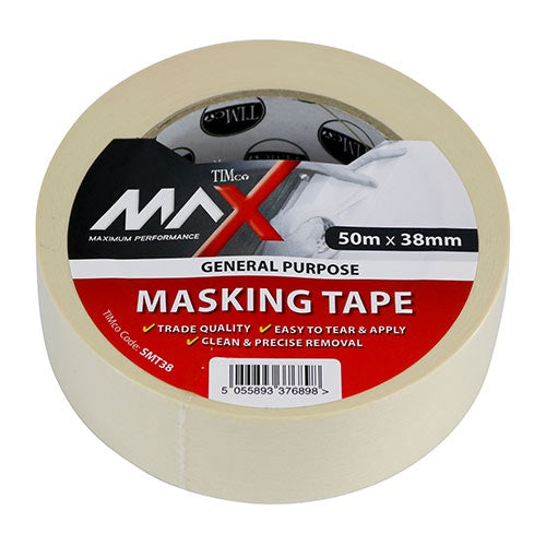 Timco 50m x 38mm Max Masking Cream Tape Clean & Precise Removal SMT38