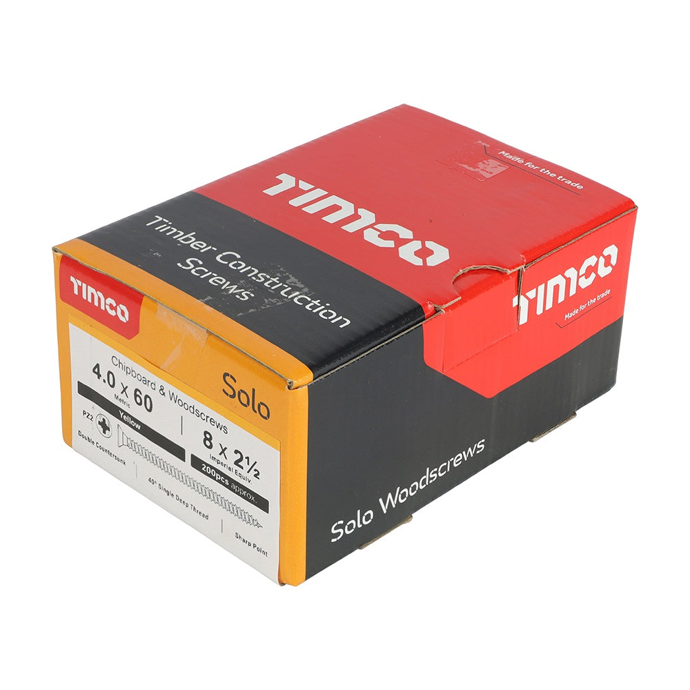 Timco 4.0 x 60mm Solo Chipboard & Woodscrews - PZ - Double Countersunk - Yellow 40060SOLOC