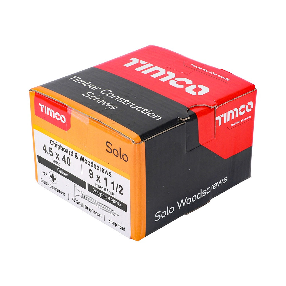 Timco 4.5 x 40mm Solo Chipboard & Woodscrews - PZ - Double Countersunk - Yellow 45040SOLOC