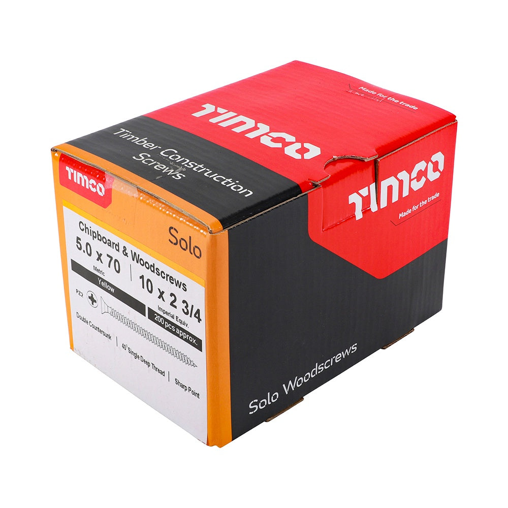 Timco 5.0 x 70mm Solo Chipboard & Woodscrews - PZ - Double Countersunk - Yellow 50070SOLOC