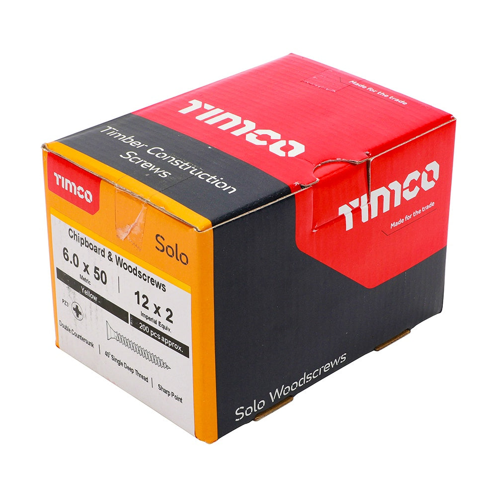 Timco 6.0 x 50mm Solo Chipboard & Woodscrews - PZ - Double Countersunk - Yellow 60050SOLOC