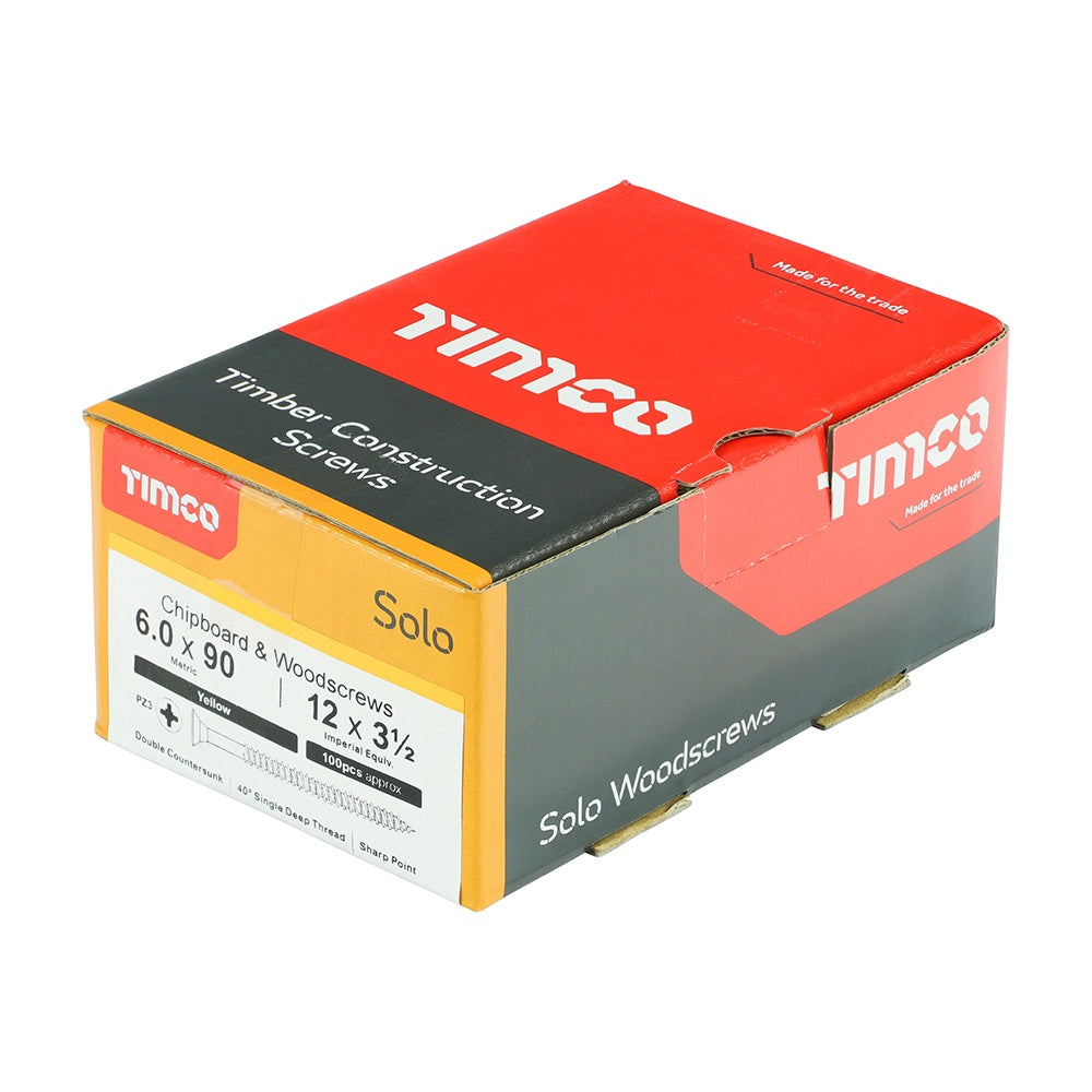 Timco 6.0 x 90mm Solo Chipboard & Woodscrews - PZ - Double Countersunk - Yellow 60090SOLOC