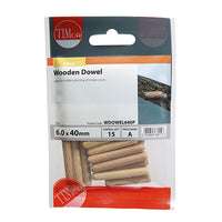 Timco 6.0 X 40mm Wooden Dowels 40mm Pack of 15 WDOWEL640P
